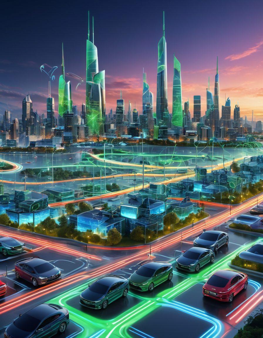 An intricate city skyline showcasing various cellular antennas and wireless towers emitting green signals, with vibrant smartphone devices displaying live connectivity graphs. The background features a futuristic landscape symbolizing 5G technology's advancement, including smart cars and connected devices in action. Bright colors to highlight the energy of wireless communication. super-realistic. vibrant colors. 3D.