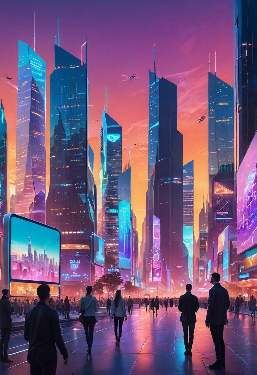 A futuristic city skyline at sunset with vibrant holographic displays illustrating mobile services, people using mobile devices with visible 5G connectivity waves emanating from them. Incorporate diverse individuals engaged in various activities powered by mobile technology, like VR gaming and seamless communication. Feature stylized 5G towers integrated into the urban architecture. cyberpunk. vibrant colors. 3D.