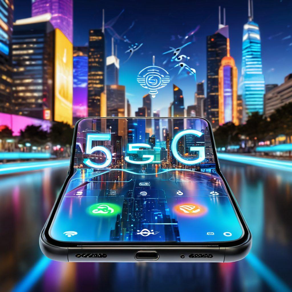 A sleek futuristic smartphone in the foreground, displaying dynamic 5G connectivity symbols. In the background, a bustling urban landscape with holographic advertisements and people using various mobile devices. Include elements like drones and smart buildings to emphasize innovation and connectivity. Bright and vivid colors to convey excitement about the future. ultra-modern, vibrant colors, 3D.